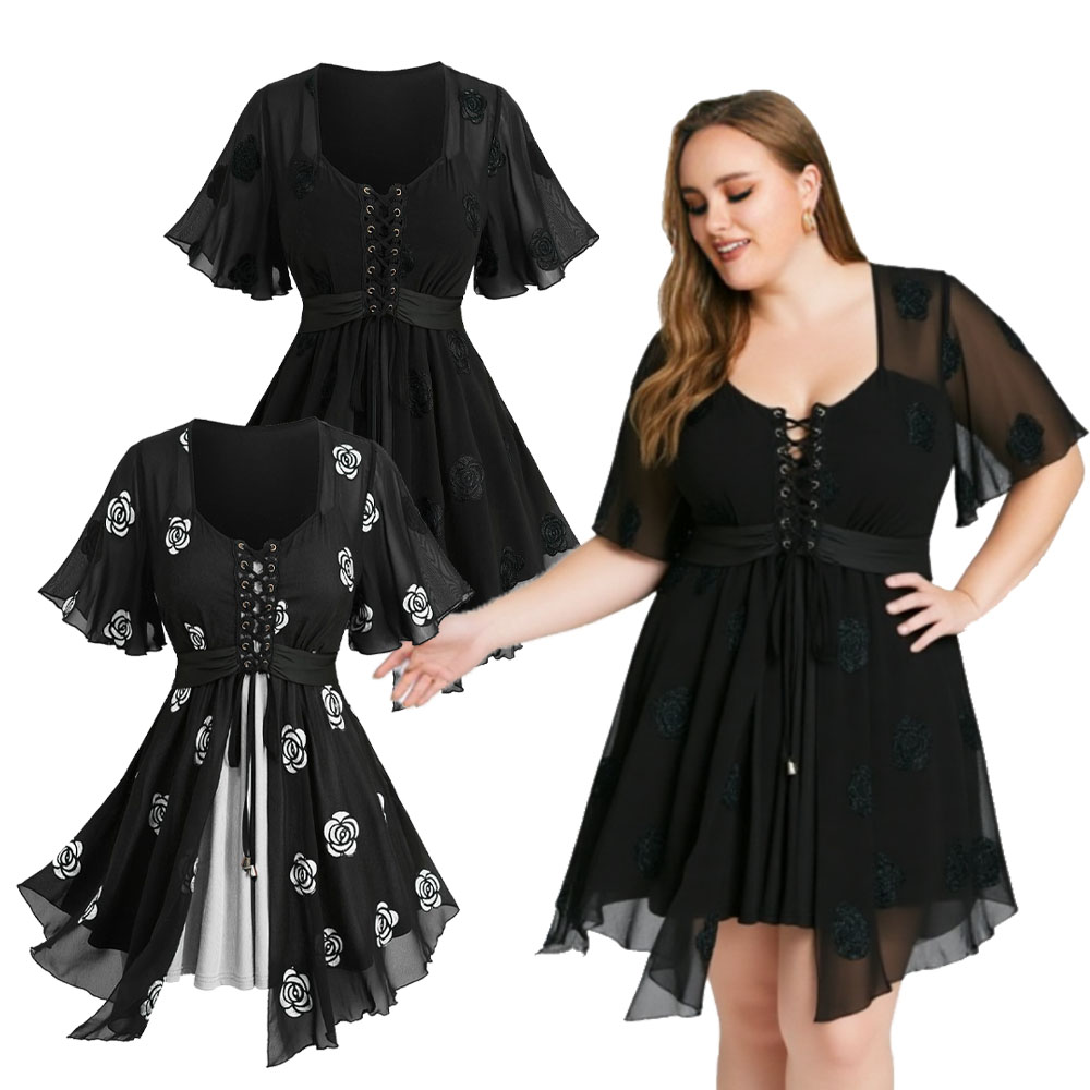 Embroidery Roses - Plus Size 2-in-1 Tops Rose Flower