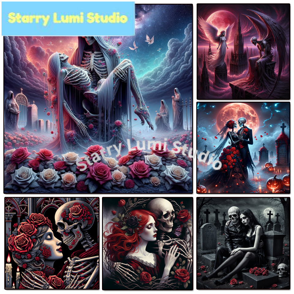 Embroidery Roses - 5D Diamond Painting Gothic Lady Skeleton
