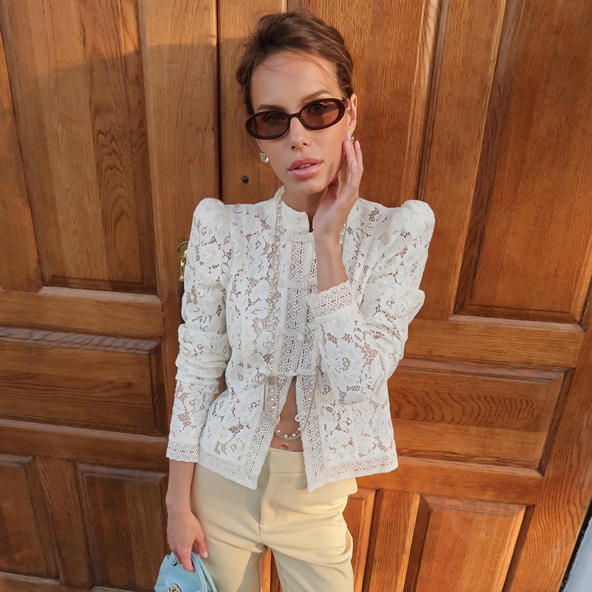 Embroidery On Shirt - Linad Elegant Embroidery Puff Sleeve White