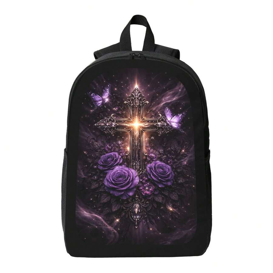 Embroidery Roses - Dark Gothic Cross Backpack With Purple