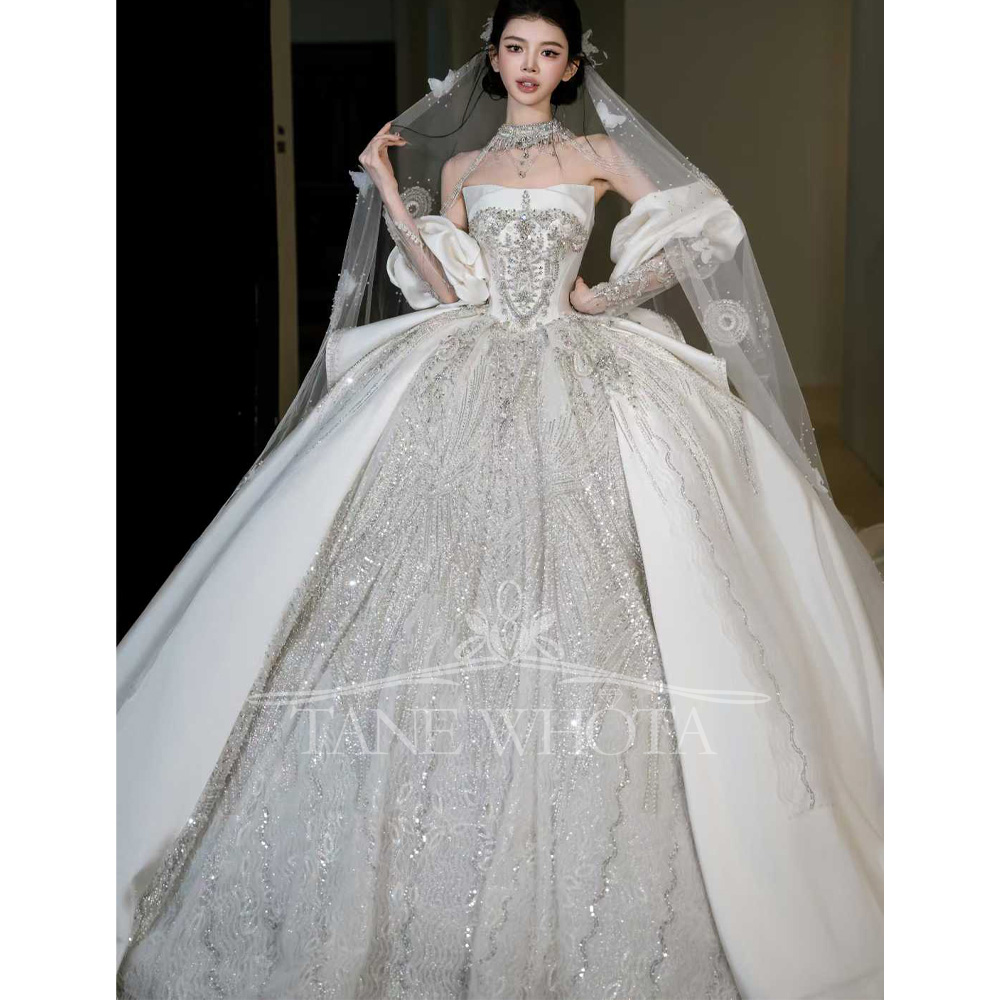 Embroidery White Dress - White Strapless Beading Sequined Ball Gown