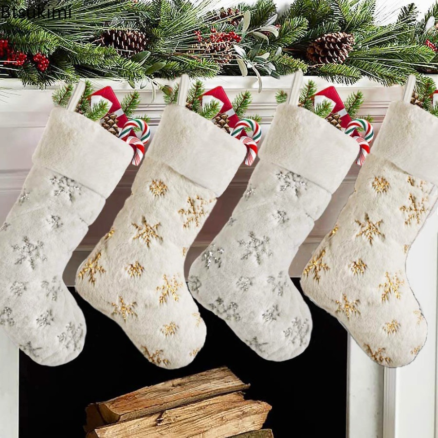 Embroidery Xmas Stocking - New 2026 White Plush Stamping Gold
