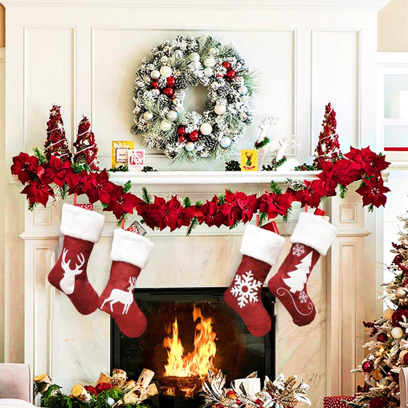 Red Santa Stocking Elk Snowfla - Embroidery Xmas Stocking avis et prix