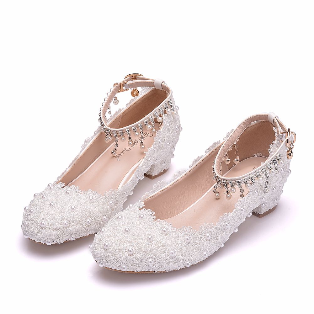 Women's Closed Toe Low Chunky  - Embroidery White avis et prix