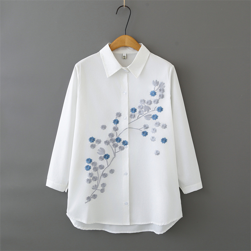 Women Plus Size Long Sleeve Co - Embroidery Cotton Shirt avis et prix