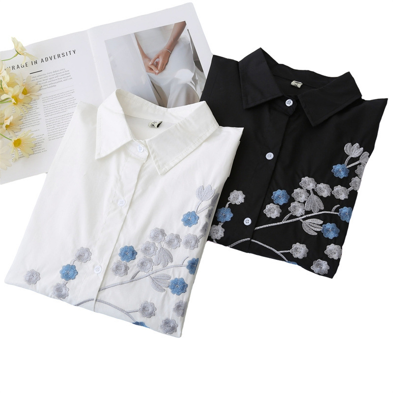 Women Plus Size Long Sleeve Co - Embroidery Cotton Shirt avis et prix