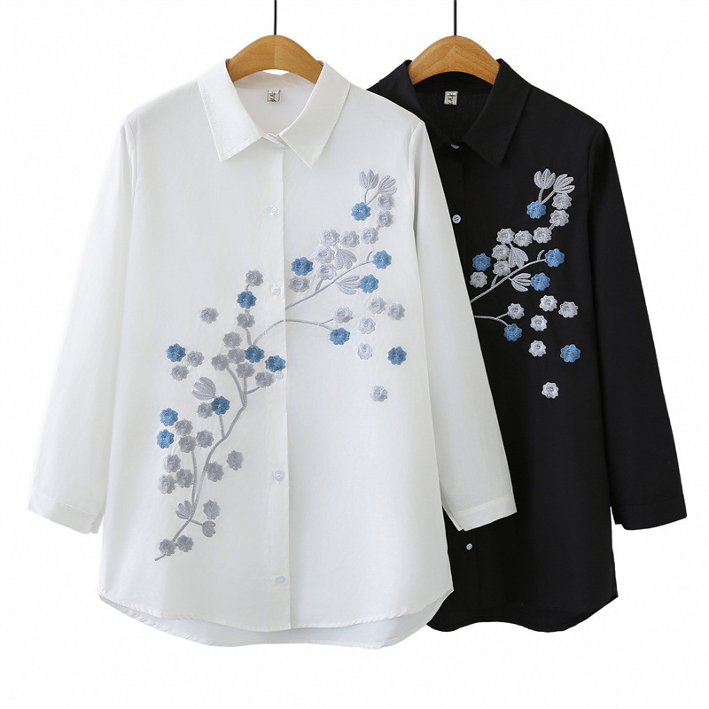 Women Plus Size Long Sleeve Co - Embroidery Cotton Shirt avis et prix