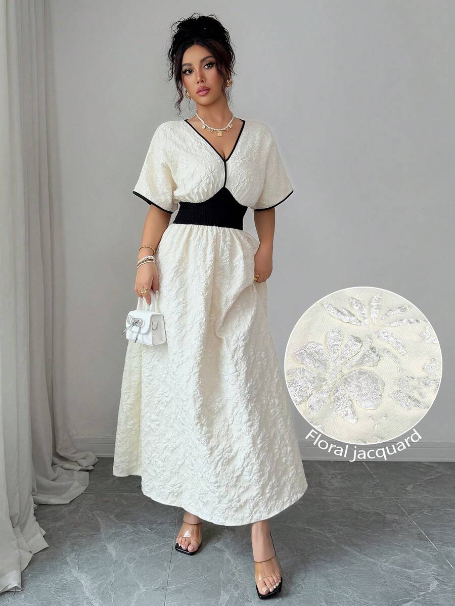 Elegant Floral Jacquard Black  - Embroidery White Dress avis et prix