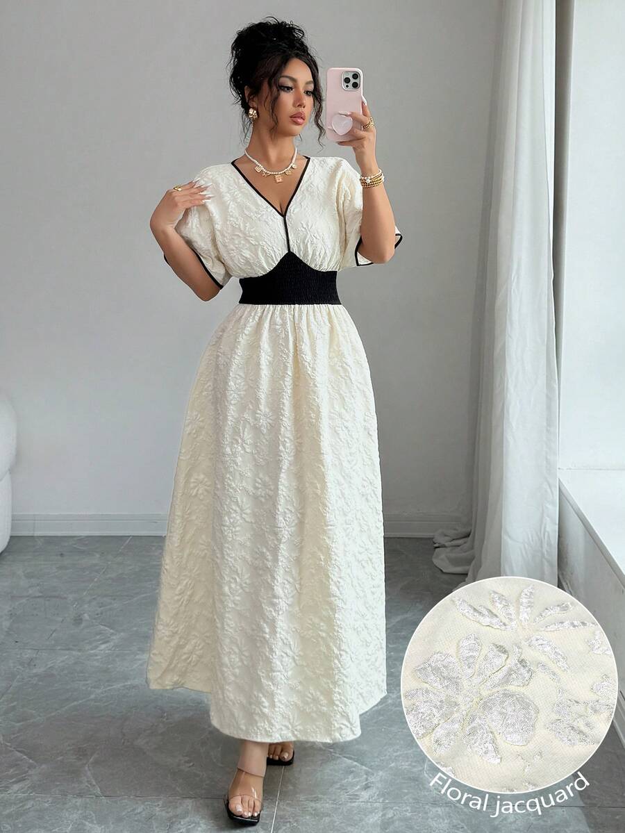 Elegant Floral Jacquard Black  - Embroidery White Dress avis et prix