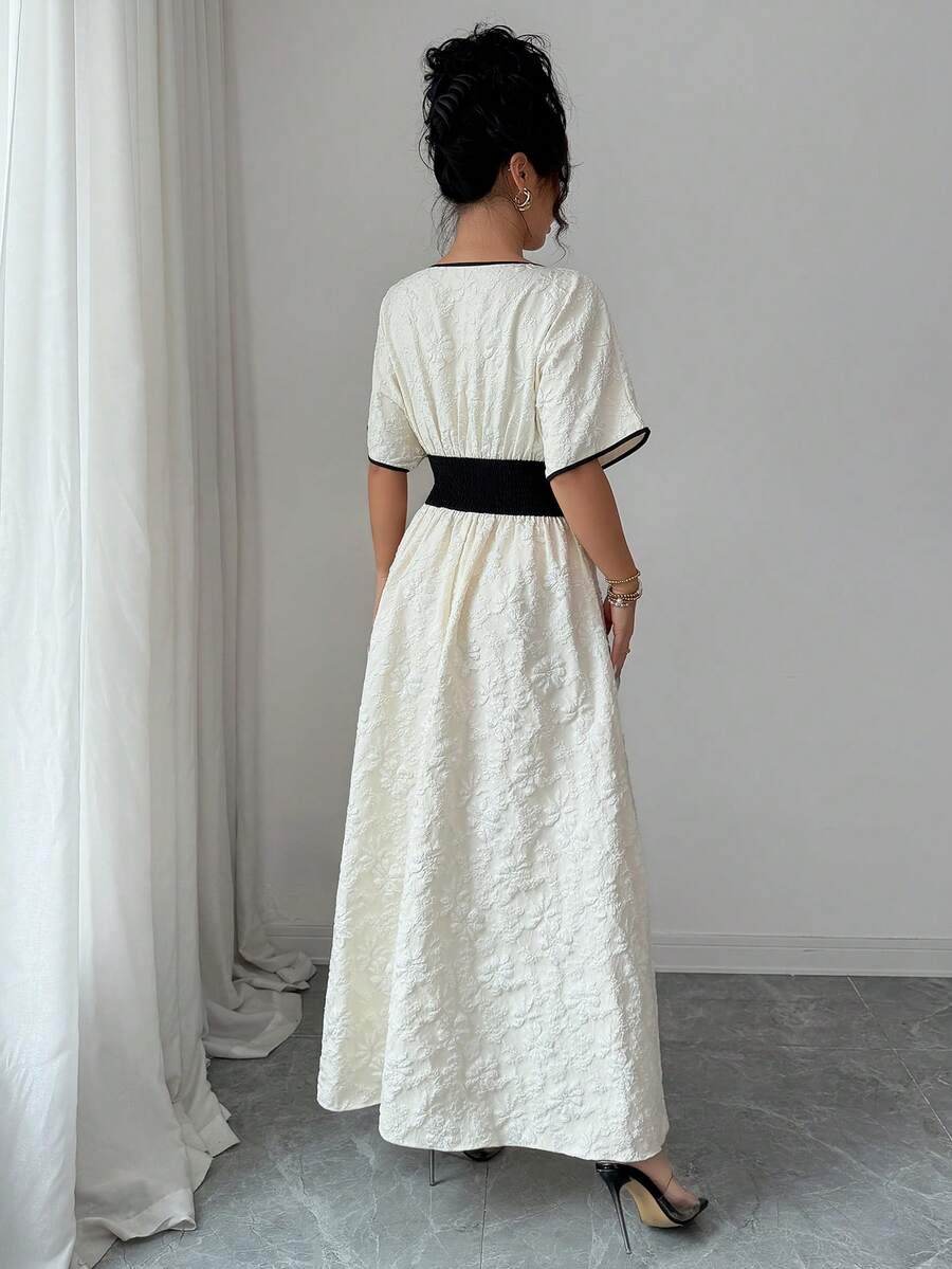 Elegant Floral Jacquard Black  - Embroidery White Dress avis et prix