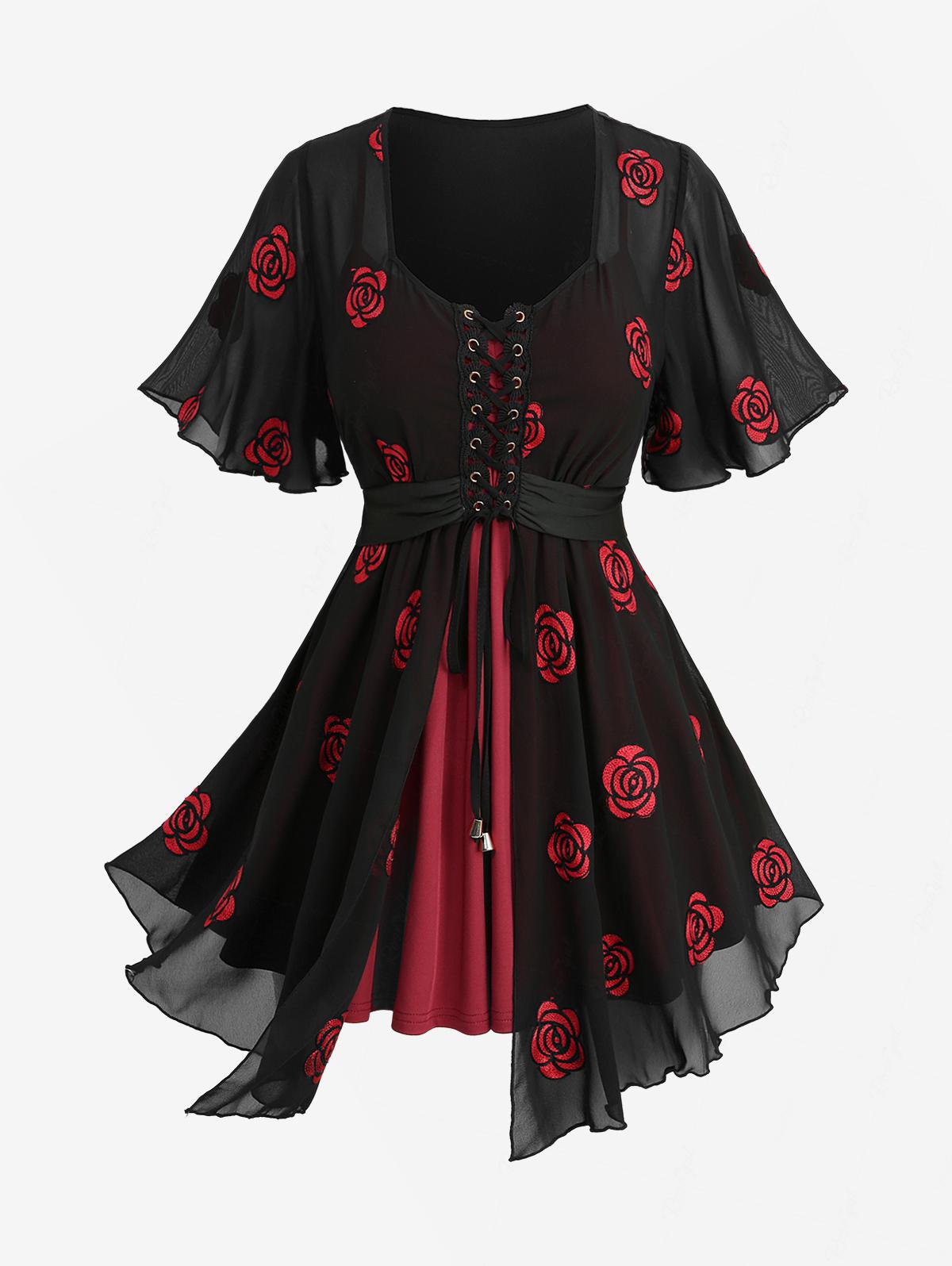 Plus Size 2-in-1 Tops Rose Flo - Embroidery Roses avis et prix
