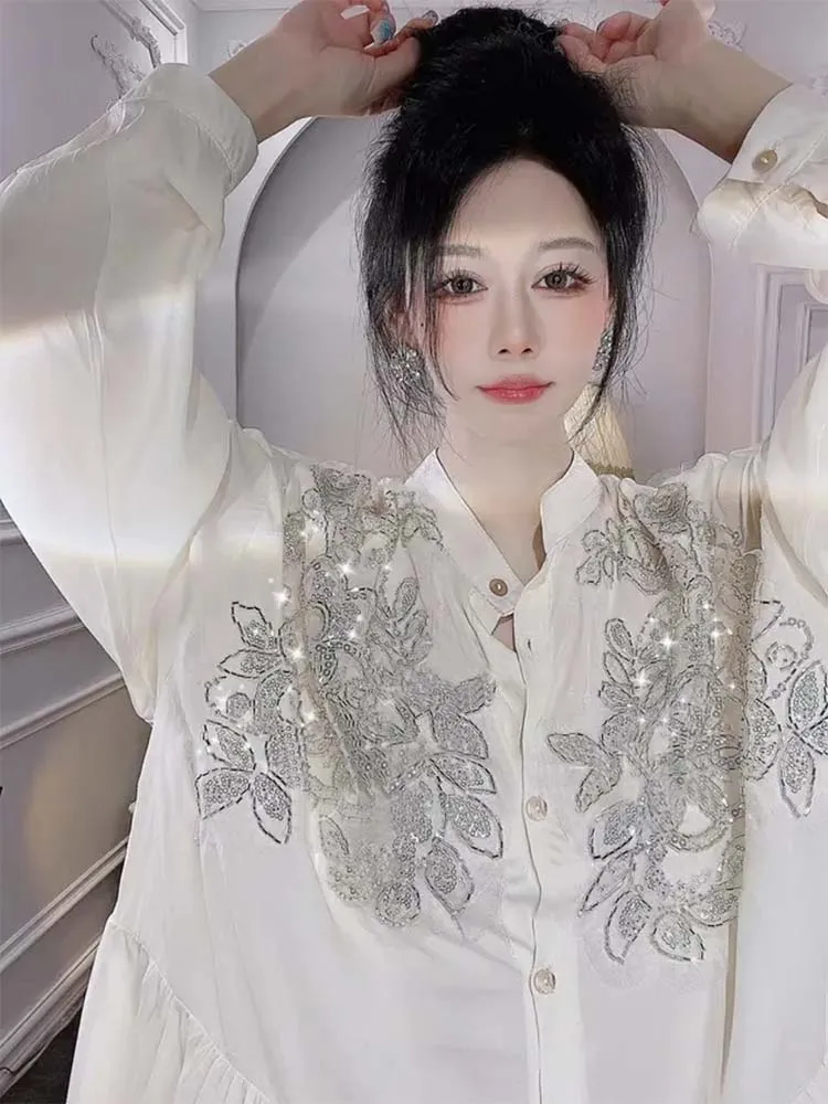 Transparent Flowers Embroidery - Embroidery Cotton Shirt avis et prix