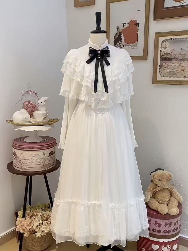 Japanese Short Sleeve Bow Lace - Embroidery White Dress avis et prix
