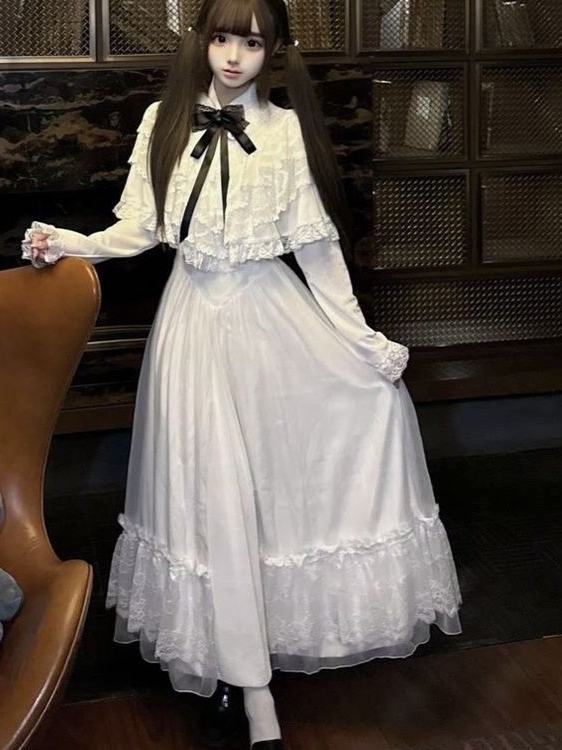 Japanese Short Sleeve Bow Lace - Embroidery White Dress avis et prix