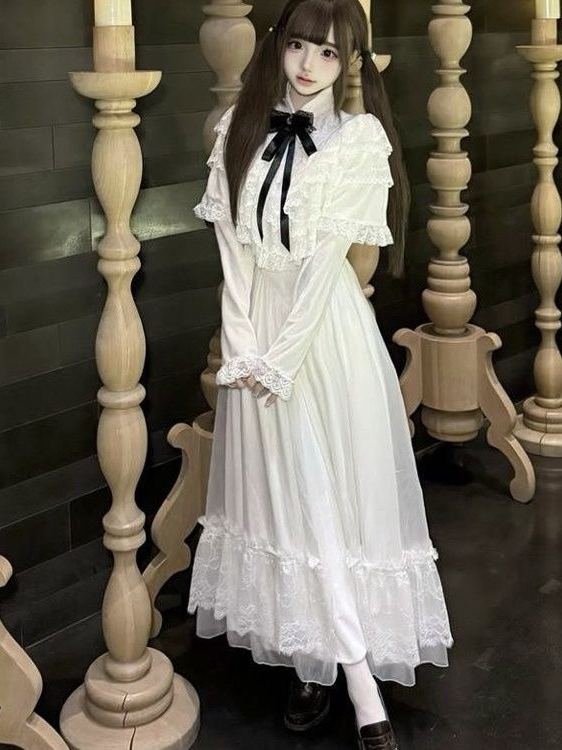 Japanese Short Sleeve Bow Lace - Embroidery White Dress avis et prix
