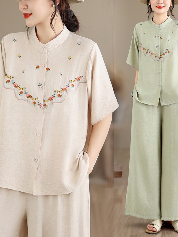 Embroidered Cotton Linen Short - Embroidery Cotton Shirt avis et prix