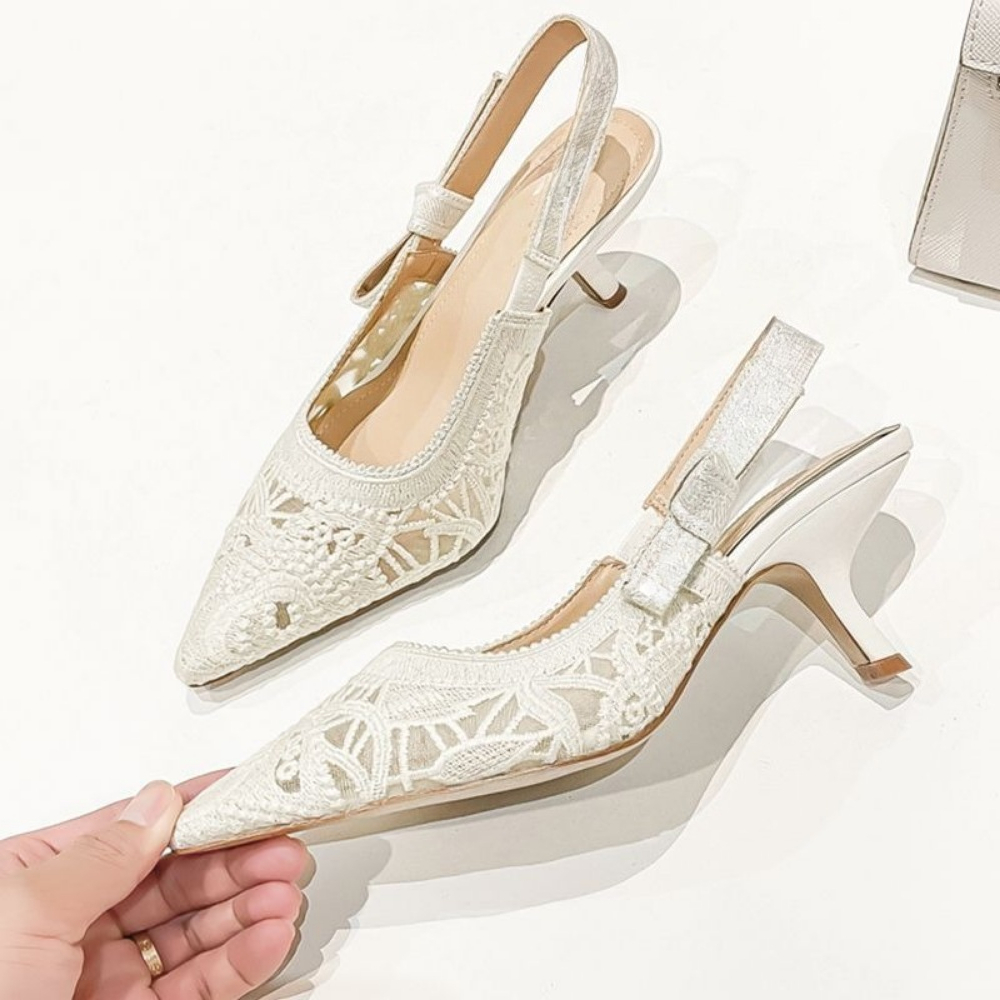 Genuine Leather High Heel Sand - Embroidery White avis et prix