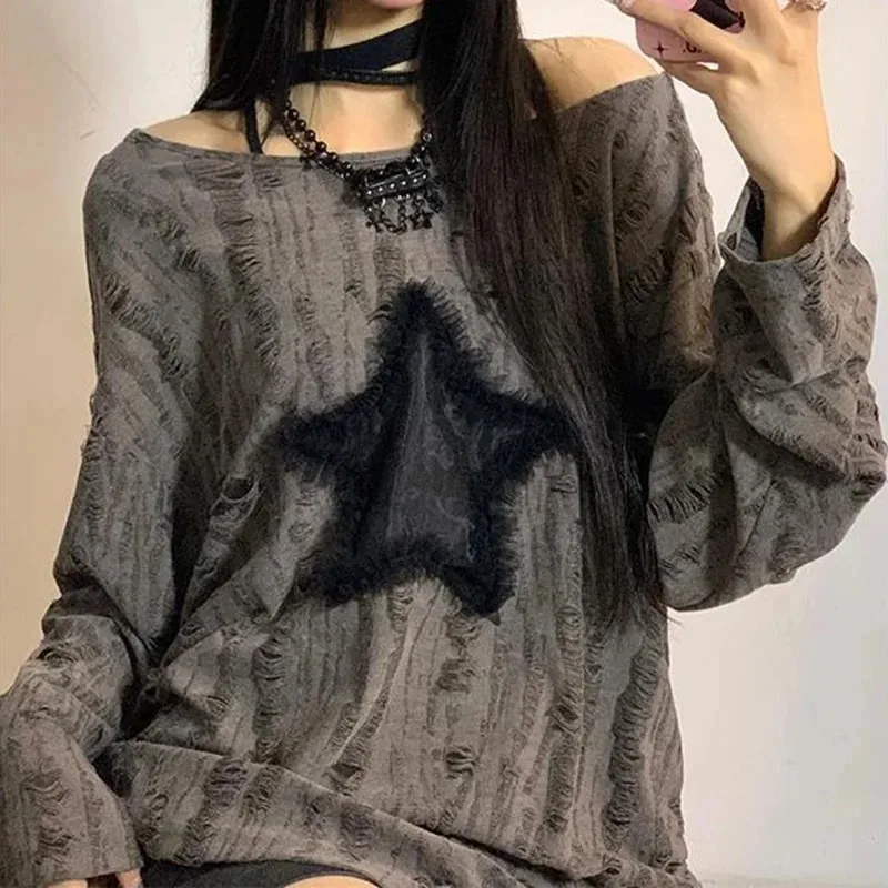 Y2K Hole Star Print T-Shirt Wo - Embroidery On Shirt avis et prix